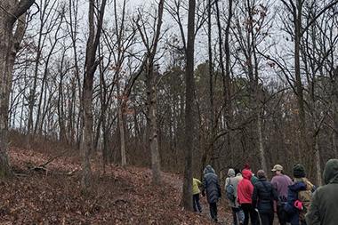 People hiking in the woods in winter.