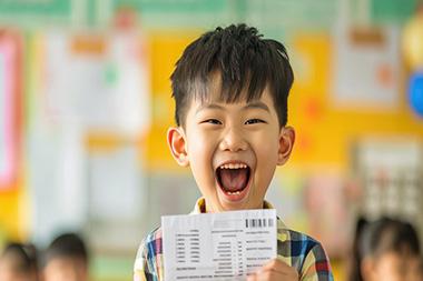 A boy holding up a report card.