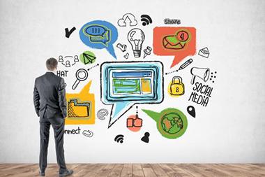 A man in front of a wall with a bunch of icons on it.