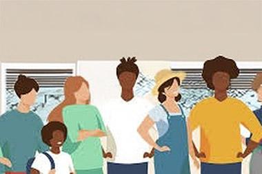 Illustration of diverse group of people standing in a room together