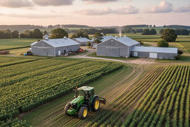 Overhead view of large farm field with tractor and houses and other farm buildings behind it