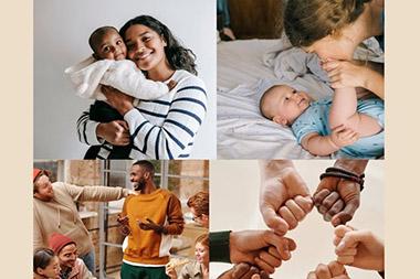 Collage of parents with babies and young parents interacting with each other.