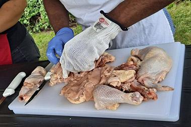 People cutting raw chicken