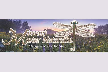 Logo for Missouri Master Naturalist Osage Trails Chapter with a dragonfly next to the text and a prairie of flowers and trees in the background.