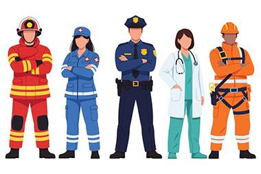 Illustrations of first responders - fire fighter, EMT, police officer, nurse, and rescue worker