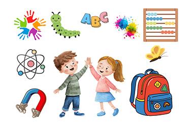 A drawing of a little boy and little girl with various educational items.