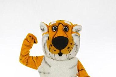 Truman the Tiger mascot pumping his fist in the air