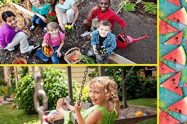 Collage of kids gardening and swinging with a watermelon decorative border.