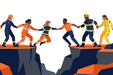 Illustration of first responders holding hands to form human chain across large gap between two rock ledges that they're standing on.