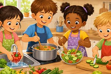 Drawing of kids cooking in a kitchen