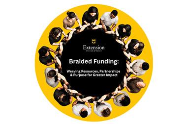 People standing around a circle table with their hands on a large braid.