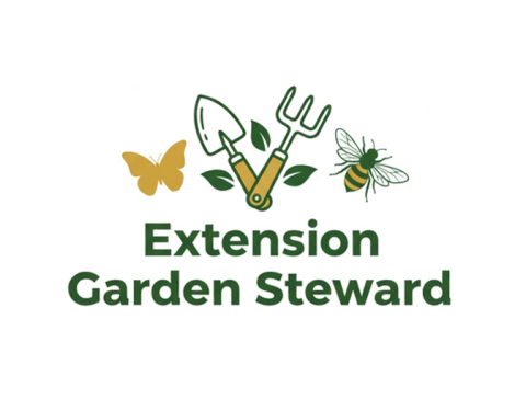 Extension garden steward logo with gardening tools a bee and butterfly