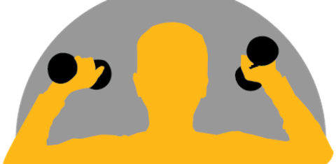 yellow outline of a person lifting weights against a gray half circle