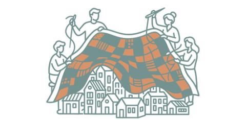 illustration of four people weaving a community quilt together