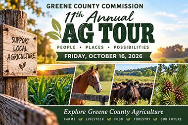 Postcard for 11th Annual Greene County Ag Tour showing crops, tree and livestock