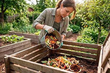 Woman pouring bucket of compost with food scraps into raised garden bed.