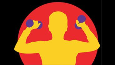 Person with arms bent, holding a small dumbbell in each hand.