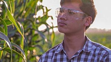 student in corn field