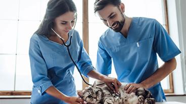Two individuals in scrubs examining a cat on a table