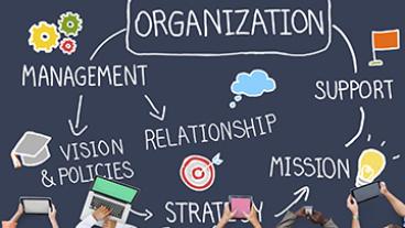 Organization chart with hands and different tech tools