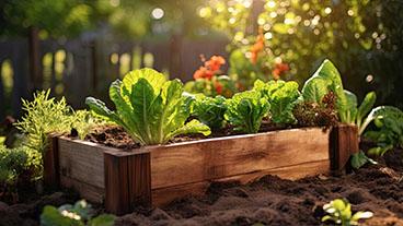 A raised wooden bed sitting in a garden.