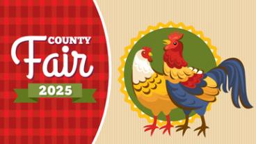 County Fair 2025 banner with illustration of a chicken and a rooster