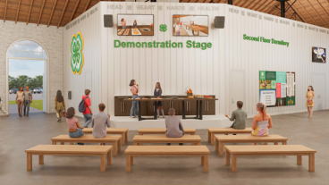 rendering of a lobby with seats and entrances and people walking around