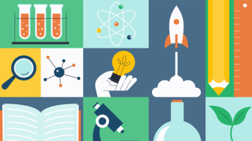 stylized, colorful montage of science experiments