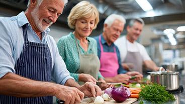 Older adults preparing food in cooking class