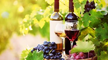 Wine and grapes setting on a barrel