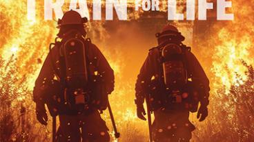 Two fire fighters walking into a fire.