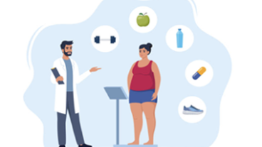 A computer drawing of a male doctor talking to a woman on a scale.