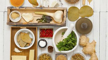 Assortment of spices laid out on a table.