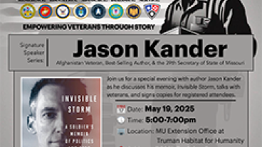 poster with a soldier in relief and a man, says veteran reads