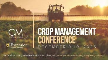 Title of the event with a tractor spraying crops in the background