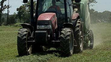 A tractor in a green field.