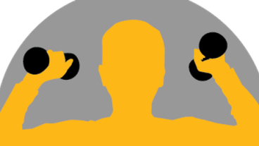 yellow outline of a person lifting weights against a gray half circle