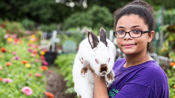 Girl with bunny in a garden (ways to give image)