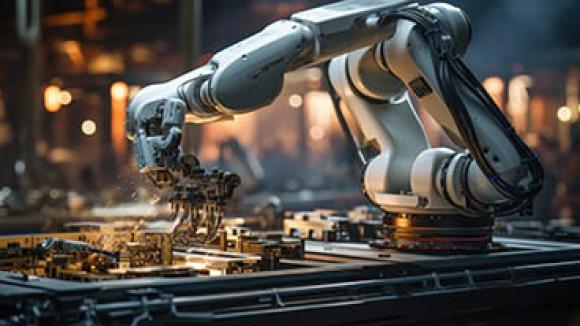 Robot arm working on a machine.