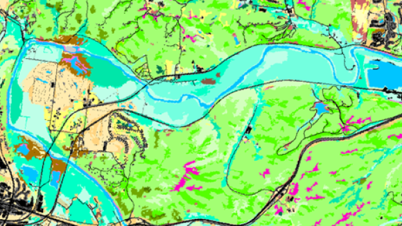 green brown and blue aerial map of a river region