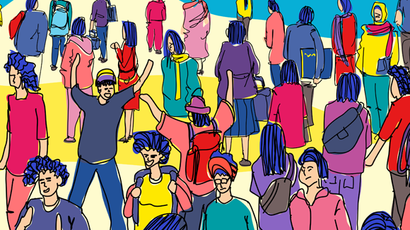 colorful painting of a crowd of people