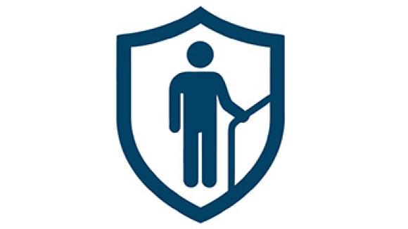 Shield icon with person holding stair railing inside it to represent safety.