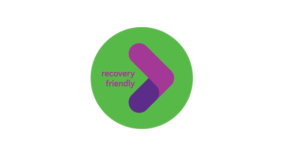 Recovery Friendly Workplace logo- green circle with purple and pink arrow