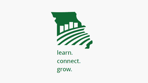 design with green state of Missouri outline and words learn, connect, grow