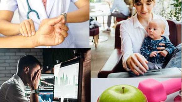 an apple, a doctor examining a patient, a woman reading, a man who is tired