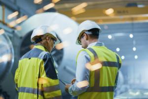 three individuals with hard hats and safety vests in contruction environment