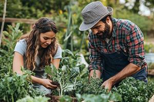 Young couple working in container garden