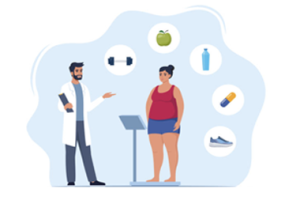 A computer drawing of a male doctor talking to a woman on a scale.