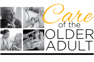 Four black and white images of older adults and nurses.