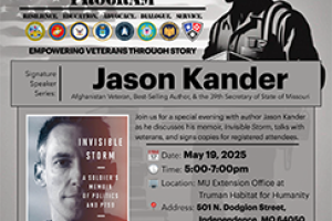 poster with a soldier in relief and a man, says veteran reads